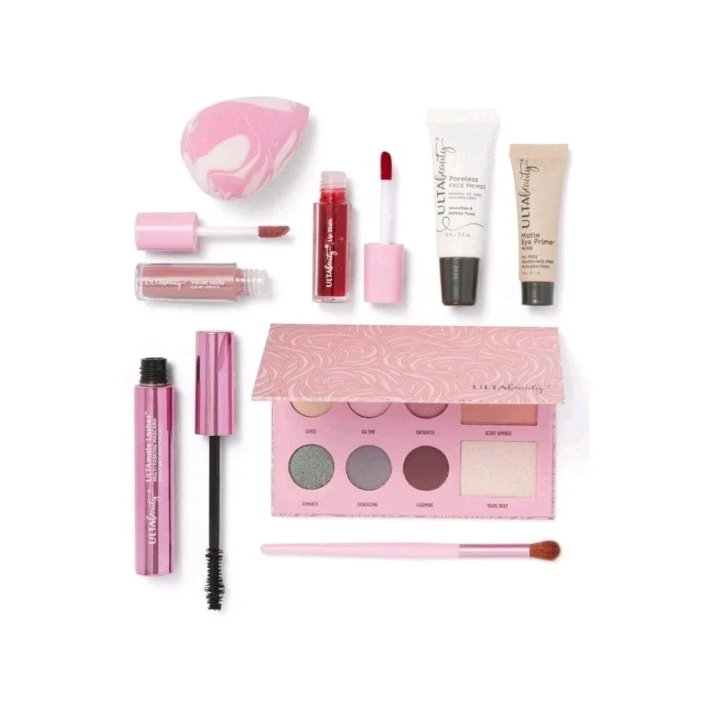 NEW ULTA 9 PC PINK METALLIC BAG EYESHADOW LIPGLOSS MASCARA‎ FACE/EYE PRIMER NWT!